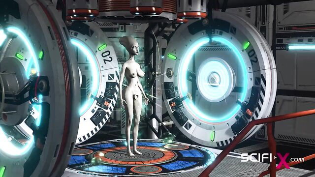 Nude grey alien woman with big tits in sci-fi chamber