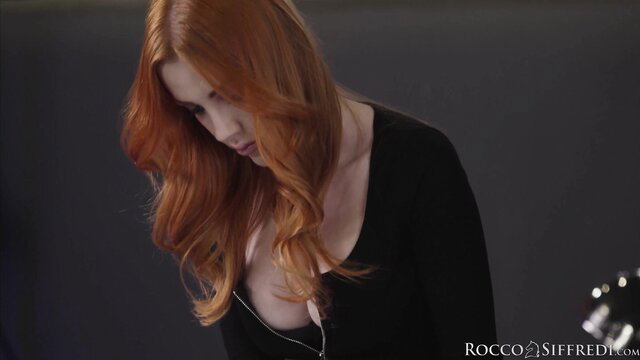 Scarlett Jones redhead in black top and stockings, Rocco Siffredi
