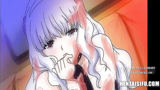 Purple-haired hentai girl with pale skin in dystopian brothel tease