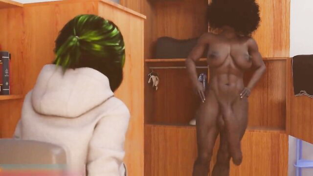 Green-haired girl watches nude muscular black futa with huge cock in dorm