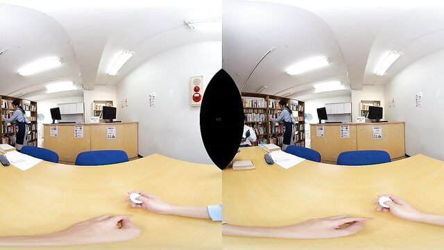 Sultry siren in steamy lingerie ignites wild VR passion at library desk
