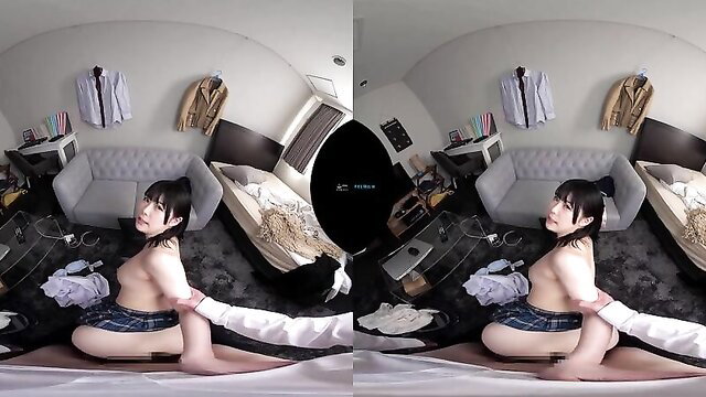 Gorgeous Japanese teen in skirt bound wrists VR erotic pose