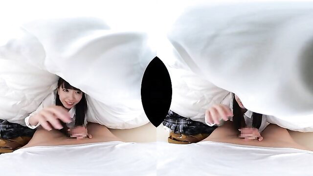 Cute Japanese schoolgirl coquette teases under sheets in exciting VR porn