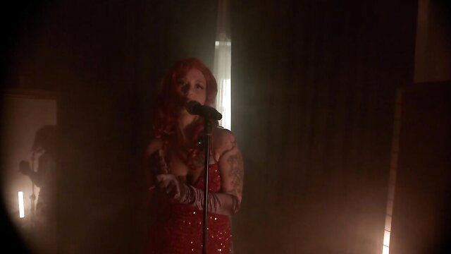 Jessica Rabbit redhead cosplay singer in red dress, POV JOI tease