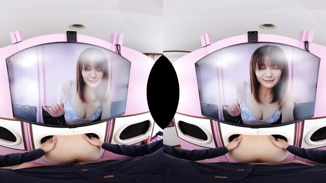Asian babe in pink VR booth lingerie belly grab tease
