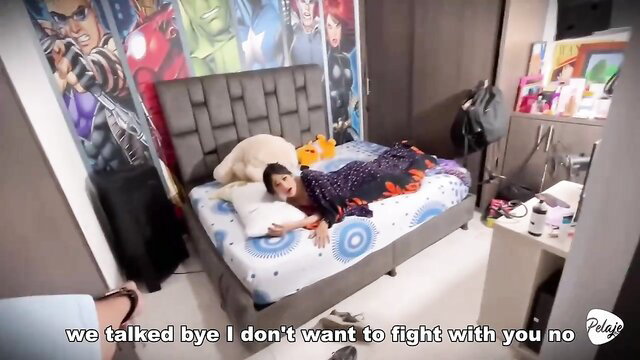 Sara Blonde lying in bed, casual talk bye no fight, sultry bedroom scene