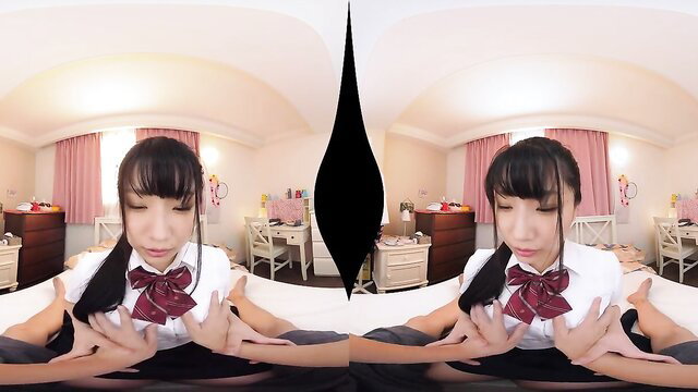 Japanese schoolgirl with bangs in erotic VR solo tease