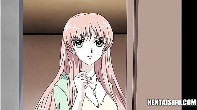 Pink-haired hentai beauty in lingerie at door, teasing pose