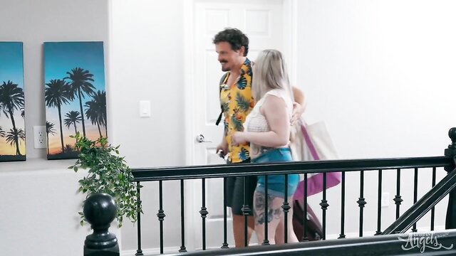 Chanel Chance in short skirt with Robby Apples in Hawaiian shirt, Hostel Peeper scene