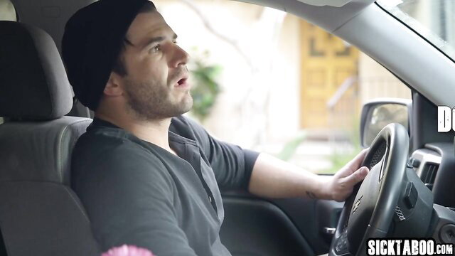Hot guy in beanie driving car, shocked expression, tight snatch crush vibe