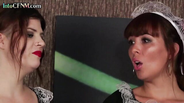 Two busty redhead maids in CFNM femdom 3some handjob