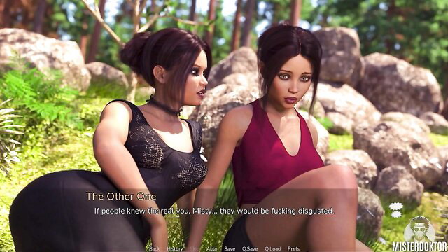 Two busty Asian babes in lingerie chat intimately outdoors by Misterdoktor