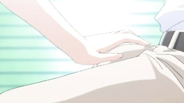 Anime girl hand groping man's crotch bulge in JAV hentai scene