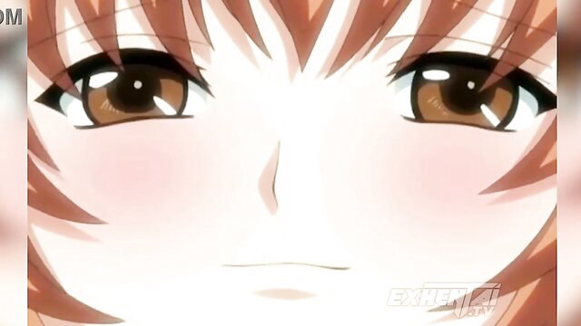 Blushing anime girl with brown eyes closeup, hentai classmate tease