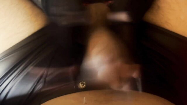 Hot mistress in leather pants grinds and cums on her big tits