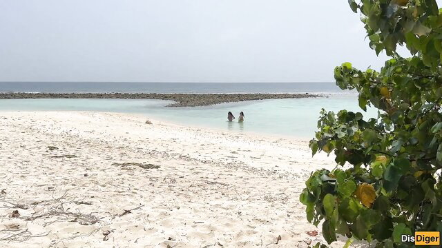Busty stepmom and stepdaughter swim at beach in public pickup