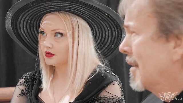 Blonde tgirl in black hat and dress with bearded man, horny trans xxx