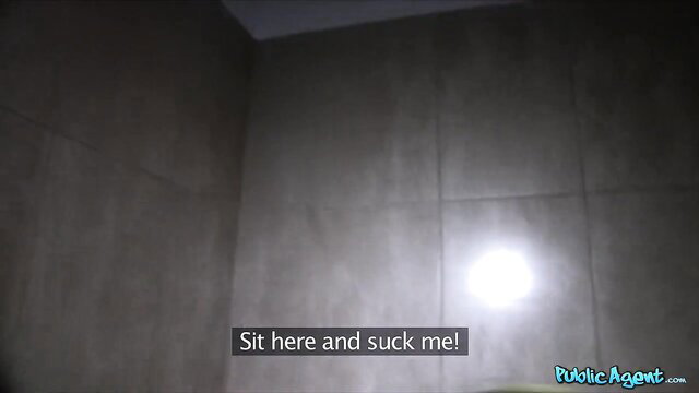 Angel Blade kneels in toilet to suck cock for cash - Public Agent