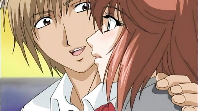 Anime couple close-up kiss, brown-haired guy embraces redhead girl