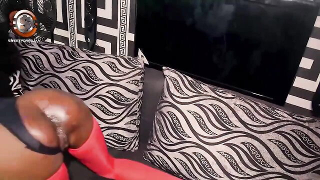 Ebony skinny MILF bent over in red stockings showing big ass