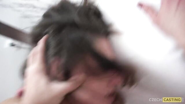 Blonde grabs man's face in wild Czech casting oral audition