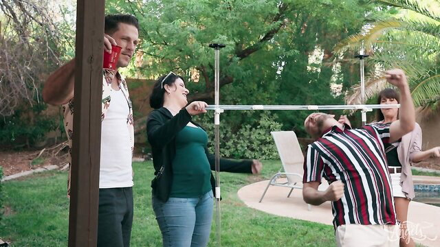 Roman Todd with hot trans babes in outdoor limbo party tease