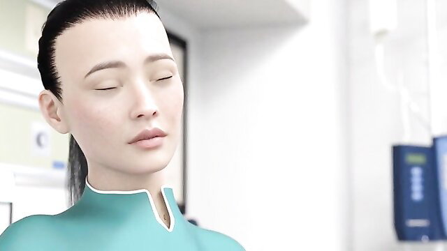 Asian animated beauty in tight green qipao, serene eyes closed pose