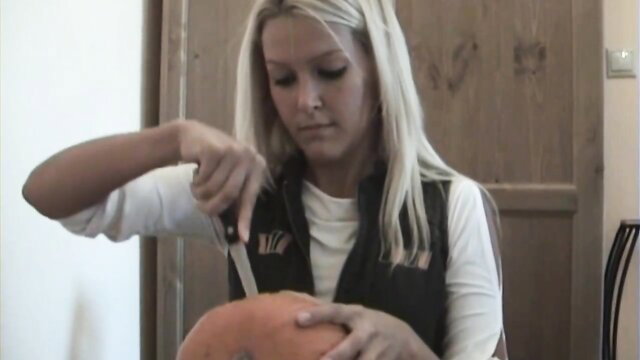 Sophie Moone carving pumpkin in tight top, sexy clothed tease