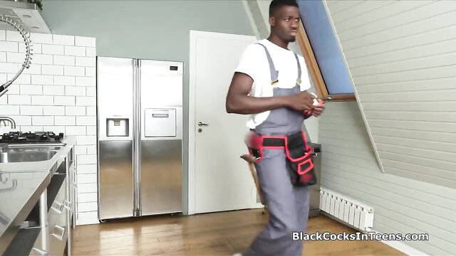 Black handyman in overalls in kitchen on Black cocks in teens site