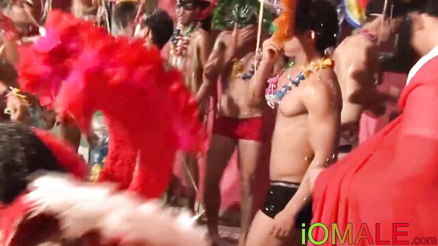 Bald Latino hunk in speedo at party with hot shirtless men