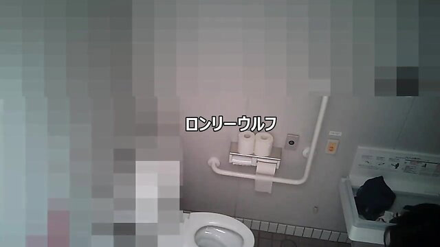 Blurry spy cam view of Japanese woman in beach toilet stall
