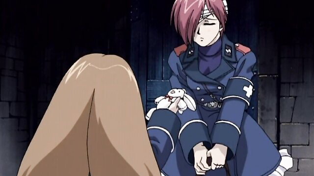 Anime hentai girl in Nazi uniform with bunny plush, pink hair eyepatch