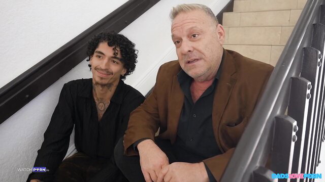 Kali Roses with older man at bachelor party on stairs