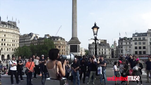 Milo Moire Mirror Box protest at Trafalgar Square topless