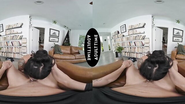 Connie Perignon nude on leather couch in Adult Time VR