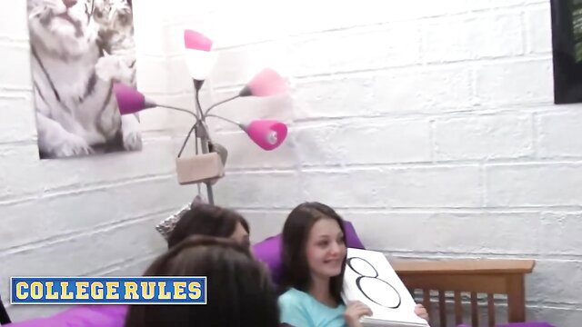 College Rules teen girls smiling with sign in dorm room party