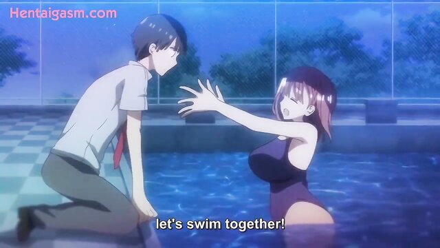 Busty anime schoolgirl in swimsuit invites student to swim together at pool