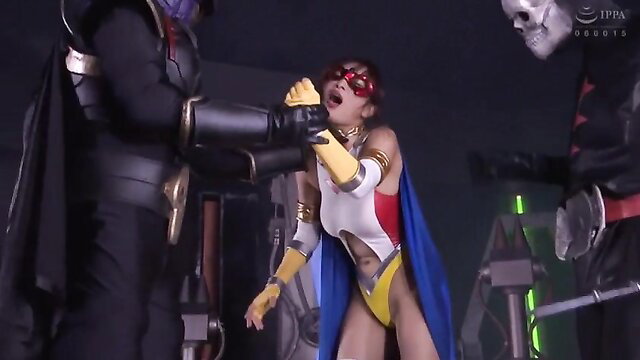 Defeated Asian superheroine in skimpy white costume grabbed by villain