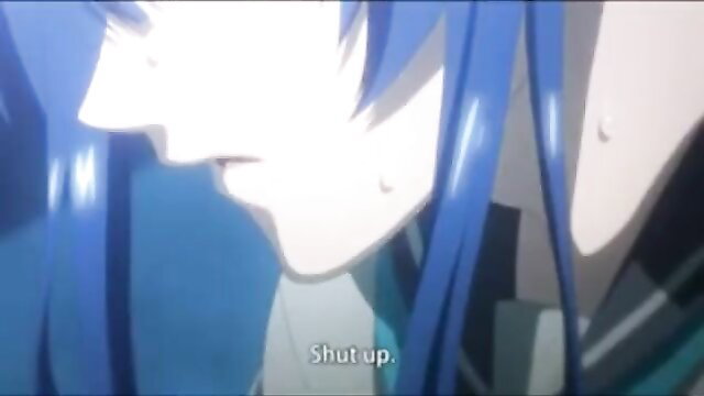 Blue-haired hentai anime girl snarling 'Shut up' in tentacle humiliation scene
