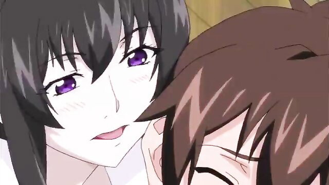 Purple-eyed anime girl with black hair nuzzling brown-haired guy in close-up hentai scene