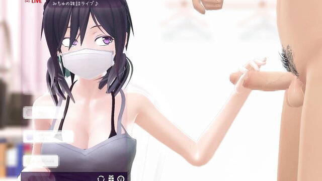 Anime girl in mask gives handjob to thick cock in live stream