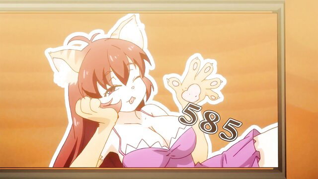 Cute redhead foxgirl in skimpy purple dress waves paw, fanservice ecchi pose