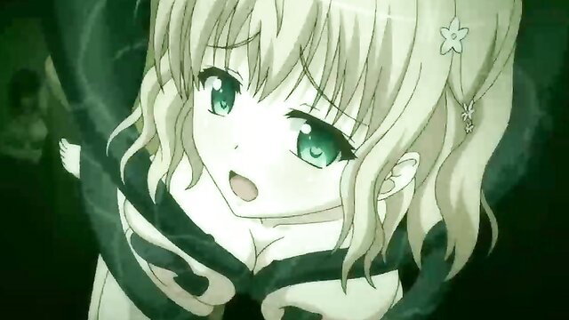 Blonde anime girl with green eyes in dark tentacles hentai scene