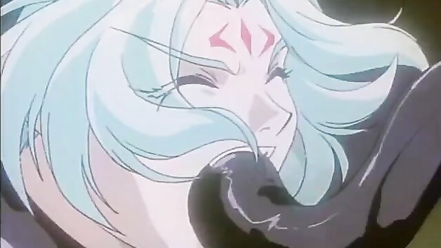 Anime succubus with blue hair in tentacle mouth penetration scene from Words Worth