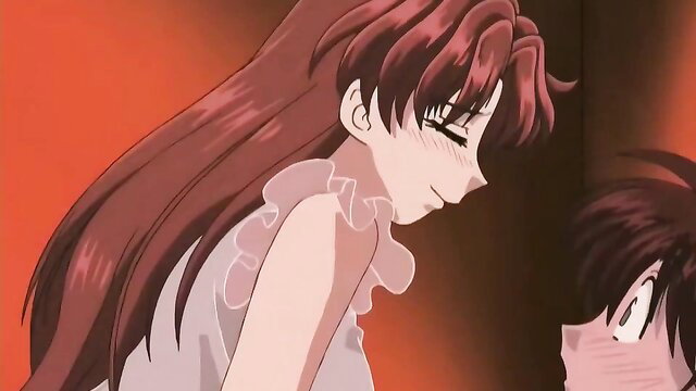 Redhead anime girl in frilly dress smiles blushing at guy in Futari Ecchi ep 1 hentai