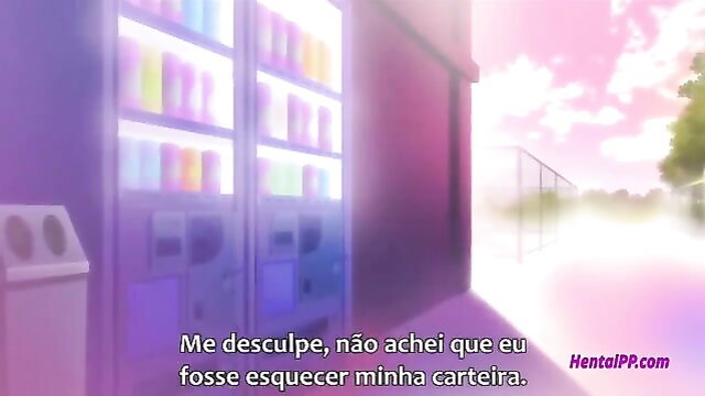 Cute anime girl in pink skirt at vending machine outdoor scene