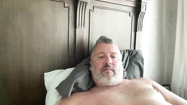Gray-haired fat bear daddy masturbating solo with moans