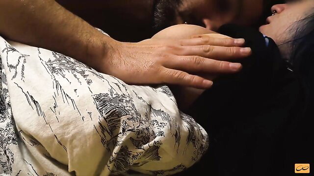 Hot man kissing and groping small Asian teen's perfect tits closeup