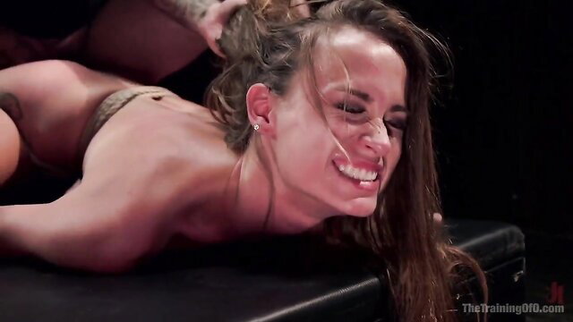 Nude brunette slave bound, flogged hard with vibrator buzzing pussy