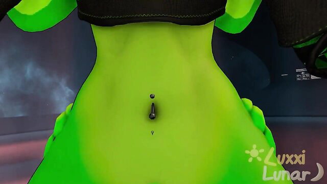 Green femboy alien bunny back view with navel piercing